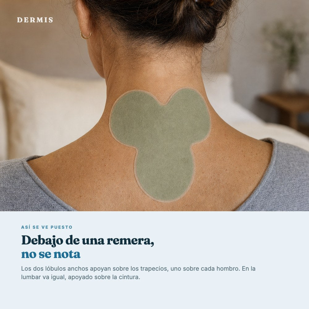 Parche Dermis puesto sobre los trapecios, no se nota debajo de la ropa